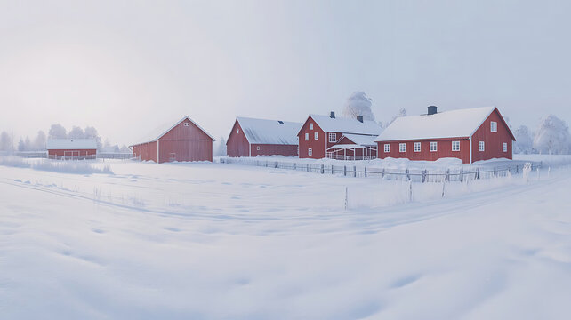 A cozy red wooden barn and cottage nestled in a serene winter landscape with a snowy mountain and bare trees under a clear blue sky