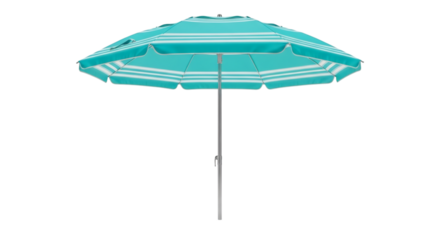 Teal beach umbrella casting a shadow isolated with white stripes is a perfect product shot.