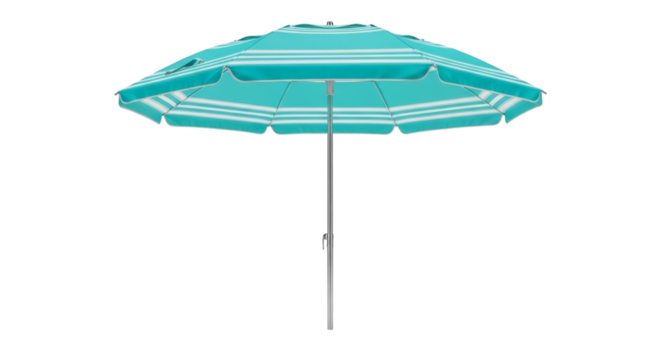 Teal beach umbrella casting a shadow isolated with white stripes is a perfect product shot.