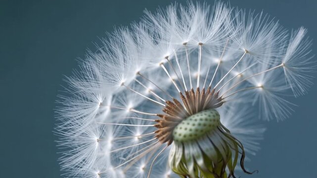 extreme close-up of delicate dandelion seeds being blown by the wind against solid blue background