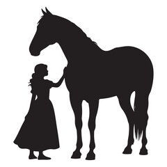 Obraz premium Silhouette of a young woman in a long dress touching a horse girl animal
