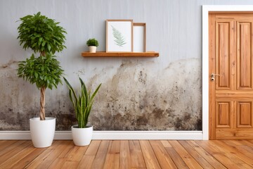 Plants adding life to room with moldy wall and wooden door