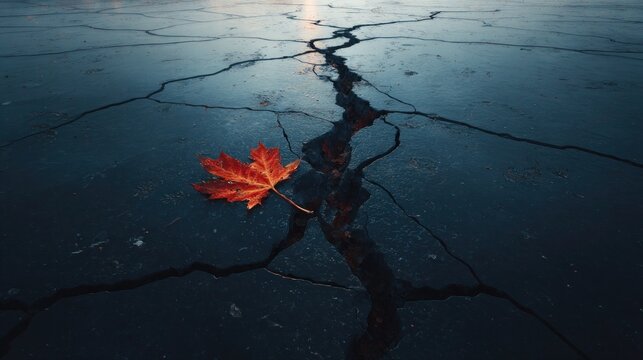 Suspenseful closeup photograph of cracked frozen lake with leaf