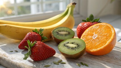 Fresh Bananas Strawberries Kiwi and Orange Slices on Wooden Board fruit food