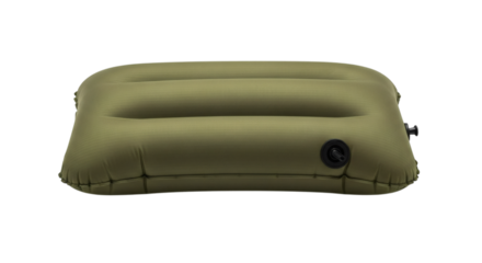 Olive green inflatable camping pillow isolated against a clean white backdrop is perfect for travel