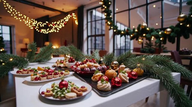 Preparing celebratory meal surface with assorted dishes and delicacies in contemporary open-plan residence adorned for winter holidays