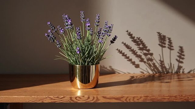 Aromatic Herb Plant in Gilded Container Projecting Shadow on Wooden Ledge in Soft Daylight