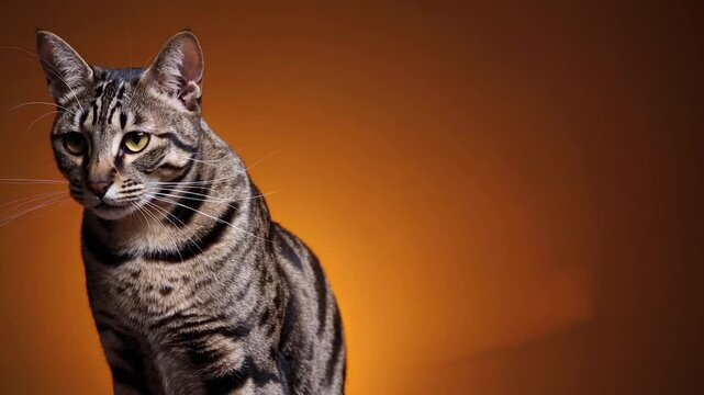 Feline breed of Ocicat positioned against tangerine backdrop, handsome mature male specimen seated upright and oriented forward, gazing at the camera with maw agape in vocalization, upon uniform oran