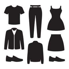 Black silhouette icons of clothing and shoes on white background fashion apparel