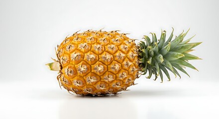 A close up of a pineapple on a white background exhibiting tropical elegance