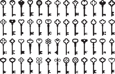 A collection of intricate black and white vector silhouettes of vintage and ornate skeleton keys, each with a unique design.