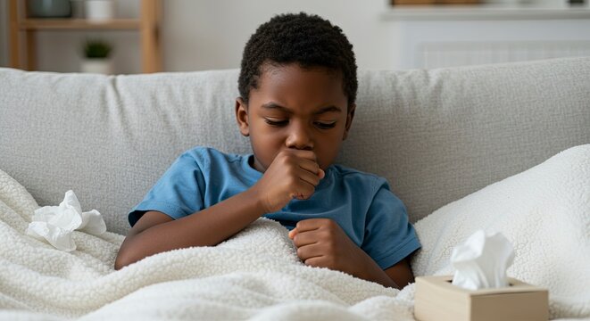 Sick child with dark skin wrapped in white blanket coughing on couch with tissues nearby