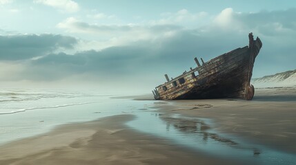 A weathered shipwreck rests on a sandy beach, surrounded by calm waters and a dramatic sky, evoking a sense of tranquility and nostalgia.