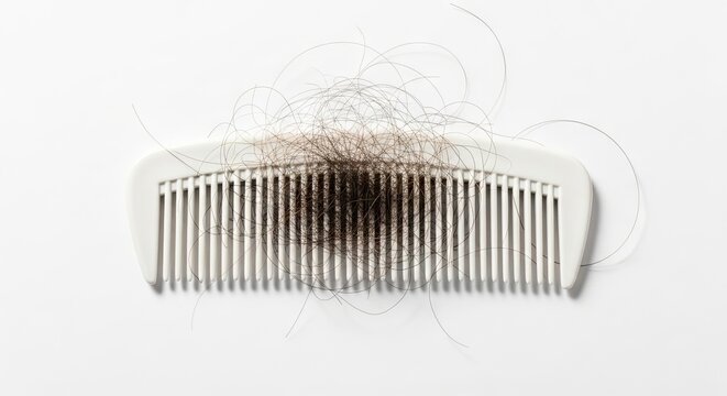 White comb with dark hair clumped in the center against a white background