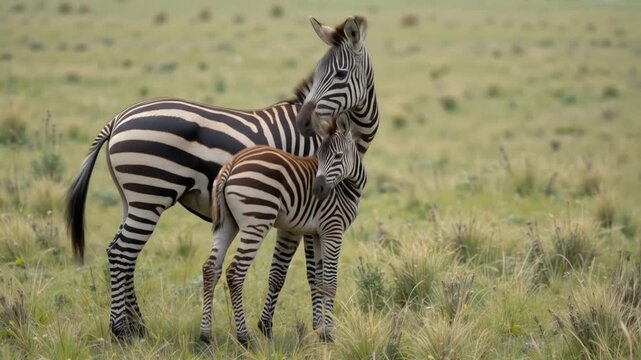 A mother zebra and her calf stand together in a grassland, showcasing wildlife and family bonding in their natural habitat. 4k video