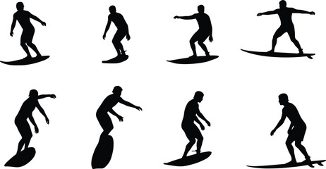 Surfer silhouette riding waves, surfing stance variations, ocean sport action, beach lifestyle illustration, coastal adventure art, summer water sports vector design