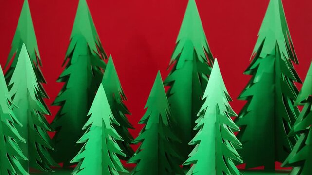Vibrant Christmas Background Featuring Paper Craft Green Pine Tree Forest on Red Backdrop in Minimalist Modern Aesthetic with Copy Space New Year Scene for Presenting Products and Advertising Text Ca
