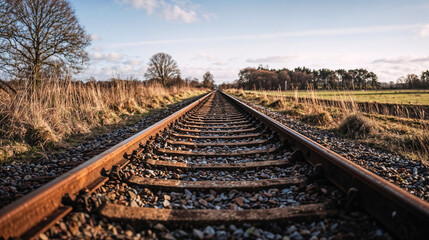 Ground-level image of a railroad track in a rural landscape.