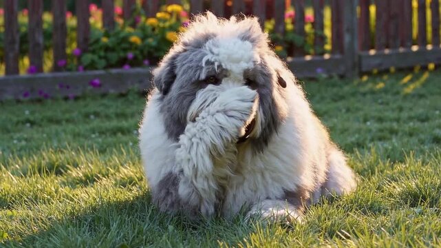 Canine Covering its Snout with its Paw Sheep Dog Covering Her Eyes with Her Paw