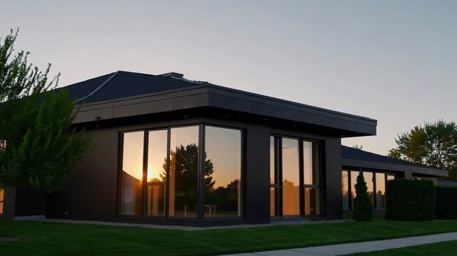 Modern Black-Colored House Situated in Suburban Neighborhood at Sunset