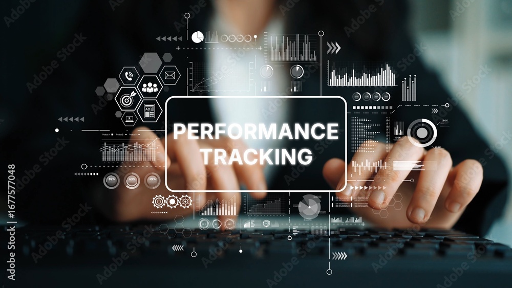 Poster digital performance tracking concept with charts and graphs on business background. asymptotic smart