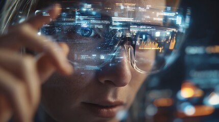 Woman studies data wearing AR glasses. Technology concept. Great for tech, science, AI, future concepts, and web use.