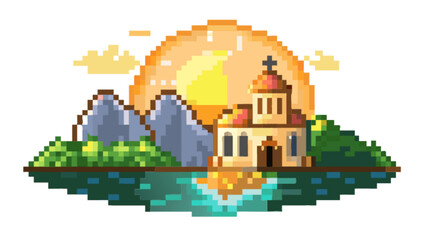 Pixel art church landscape illustration vector graphic design for print and digital use assets