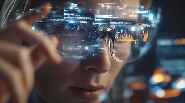 Woman studies data wearing AR glasses. Technology concept. Great for tech, science, AI, future concepts, and web use.