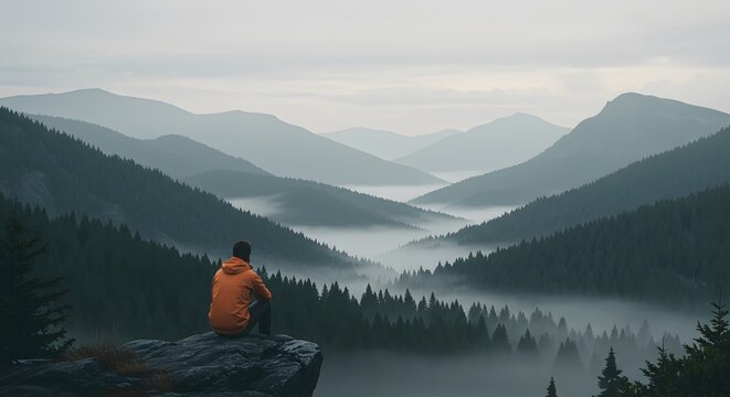 Man overlooking a misty mountain valley. Solitude, contemplation, and wanderlust concepts. Hiker in an orange jacket sitting on a cliff edge enjoying the serene and foggy landscape.
