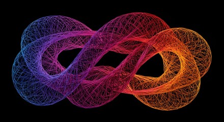 Abstract colorful wireframe infinity symbol on a black background. Eternity, data flow, and complexity concept. 3D render of a futuristic mobius strip representing perpetual processes.