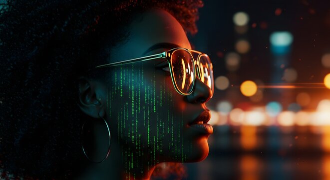 Profile of a woman with digital code projected on her face. Artificial intelligence, data science, and cybersecurity concepts. Black woman developer looking at a futuristic interface.