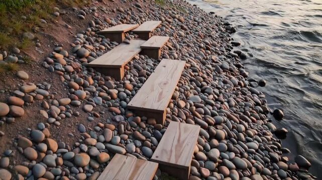 Erosion Control River Bank Footpath with Tiered Slope of Pebbles and Wood Planks