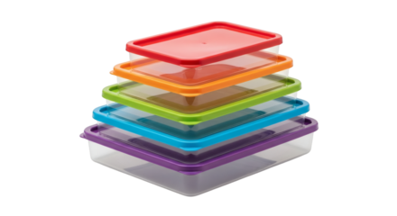 Stacked colorful containers with lids isolated neatly for optimized kitchen organization, food storage, and freshness