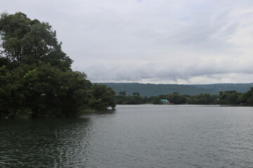 mountain, lake and cloud with village