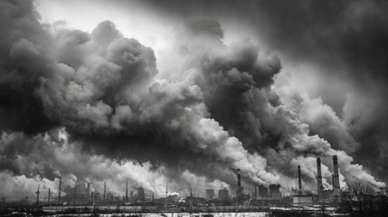 Moody black and white industrial landscape with billowing steam