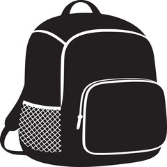 A black and white graphic illustration of a backpack with a side pocket and a mesh water bottle holder