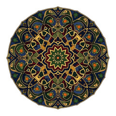 Intricate Geometric Mandala Design with a Blend of Colors and Detailed Patterns