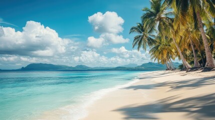 A serene beach scene featuring palm trees, clear blue water, and fluffy clouds under a sunny sky, perfect for relaxation and tropical vibes.