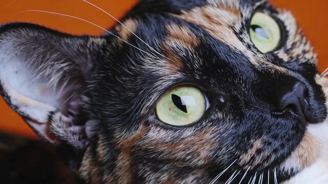 Representation of Multicolored Female Feline Gazing Upward on Tangerine Colored Backdrop