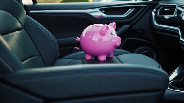 Rose-colored porcelain savings receptacle positioned inside automobile passenger compartment
