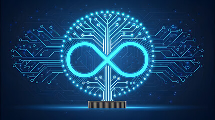 Digital infinity symbol on a circuit board brain