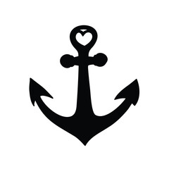 Black and White Anchor with Heart Silhouette, Nautical Symbol, Vector Illustration, anchor with heart silhouette vector illustration
