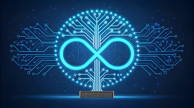 Digital infinity symbol on a circuit board brain