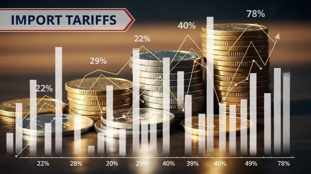 Import tariffs shown with stacked coins and a bar graph with percentages indicating growth