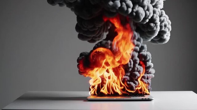 Computing device engulfed in flames on achromatic backdrop
