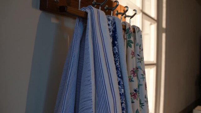 Assortment of different patterned and colored kitchen towels hanging neatly on metal hook rack indoors