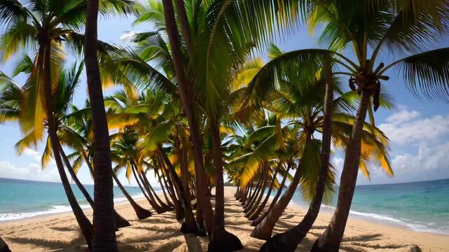Lush Green Palm Trees Standing on Sandy Beach Along the Shore of Pacific Ocean