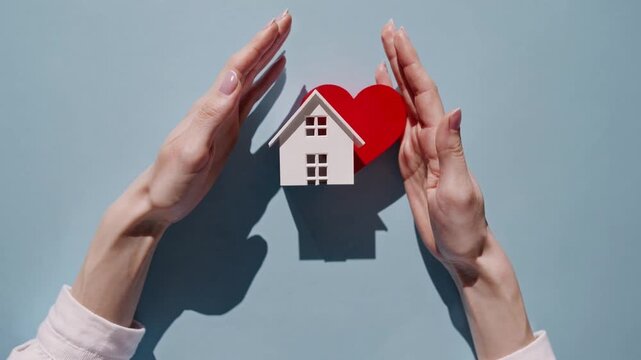 pale dwelling held within the open hands of youthful female adult atop softly hued azure table surface, featuring vivid crimson heart symbol, captured from overhead perspective providing ample space 