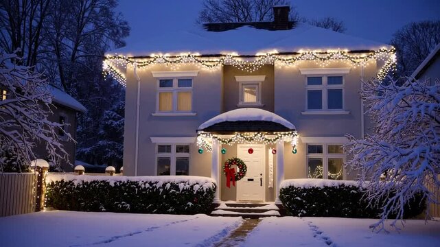 Family Residence Adorned with Festive Decorations for the Winter Holiday Season with Pristine Layer of Snow Front View of Home Decorated for Christmas and New Year Celebrations with Fresh Blanket of 