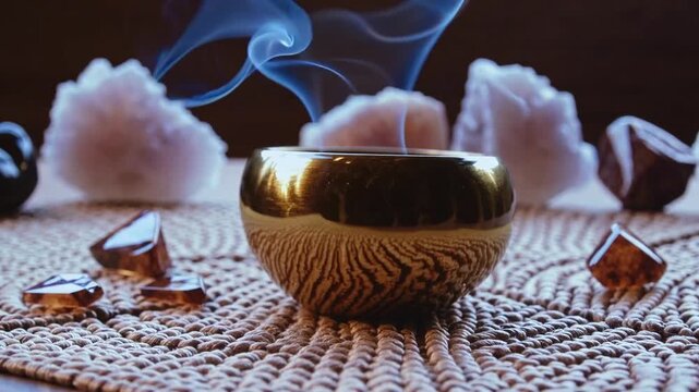 Detailed and Intimate View of Polished Brass Sound Healing Bowl Used for Mindful Meditation Alongside Geometric Crystal Array and Polished Tigers Eye Stones for Spiritual Wellbeing